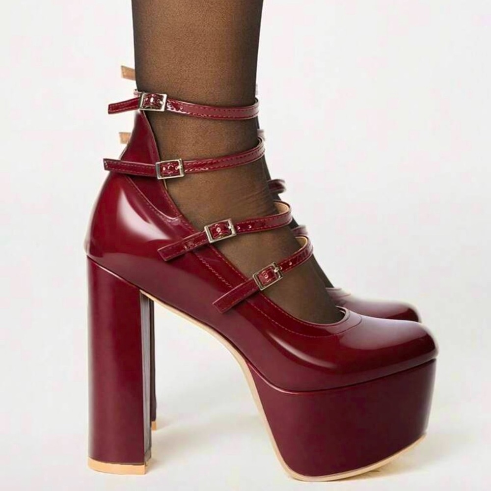 Burgundy Mary Jane Platform Chunky Heels